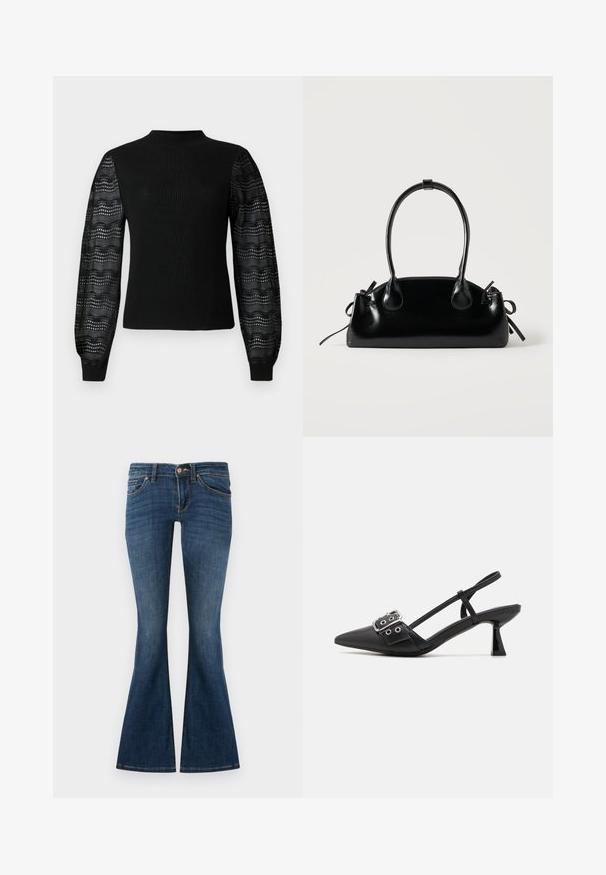 Pull noir avec une texture côtelée et un col haut, doté de manches en dentelle transparente à motif et de poignets ajustés.; Jeans évasés bleu foncé en denim, avec une conception à cinq poches, des passants de ceinture et une fermeture à bouton à l'avant. Texture lisse avec un minimum de décoloration.; Simmi London DALA - Escarpins - black; Petit sac à main noir brillant avec deux longues anses et des détails à cordon sur les côtés sur un fond clair uni.