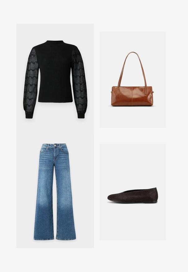 Zwarte trui met een geribbelde textuur en een hoge halslijn, voorzien van transparante, geprinte kanten mouwen en aansluitende manchetten.; Blauwe high-waisted wijde jeans met knoop aan de voorzijde, ritssluiting, en voor- en achterzakken, getoond op een witte achtergrond.; Zwarte platte balletschoen met afgeronde neus en een gladde, licht gestructureerde bovenzijde, gezien van opzij op een effen lichte achtergrond.; Rechthoekige bruine leren handtas met twee lange schouderriemen, een gladde glanzende afwerking en een minimalistisch ontwerp op een effen achtergrond.