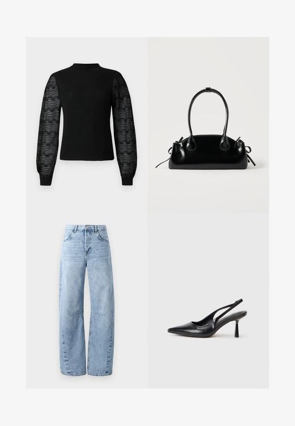 Sort sweater med ribbelt tekstur og høj halsudskæring, med gennemsigtige mønstrede laceærmer og tætsiddende manchetter.; Lysblå brede jeans lavet af denim, med høj talje, fem lommer og diskret slid. Benene har synlige syninger og sømme.; Sort læderslagback højhælet sko med spids tå og slank hæl på en hvid baggrund.; Lille sort blank håndtaske med to lange håndtag og snøre-detaljer i siden på en ensfarvet lys baggrund.