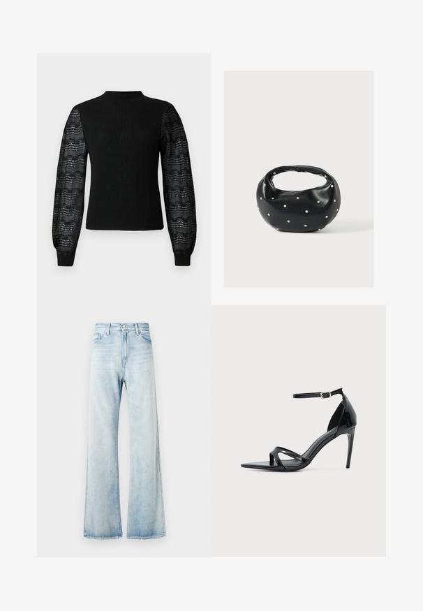 Sort sweater med ribbelt tekstur og høj halsudskæring, med gennemsigtige mønstrede laceærmer og tætsiddende manchetter.; Lyseblå denim flare jeans med høj talje, forlommer og knaplukning. Falmet finish med en glat tekstur og opsvingskanter.; Sort laklædersandal med høje hæle, tynd ankelrem, åben tå og minimalistisk design på en ensfarvet lys baggrund.; Sort læderhåndtaske med en rundet form, dekoreret med sølvnitter, og et kort håndtag. Glat tekstur og lynlåslukning.