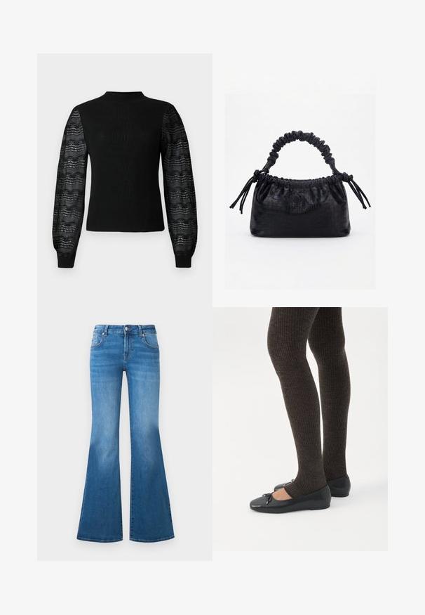 Zwarte trui met een geribbelde textuur en een hoge halslijn, voorzien van transparante, geprinte kanten mouwen en aansluitende manchetten.; Flared blauwe denim jeans met een medium hoge taille, vijf zakken en vervaagde details op de dijen. Zilveren accenten op de knopen.; Benen met donkere geribbelde leggings gecombineerd met zwarte ballerina's met kleine strikdetails op een witte achtergrond.; Zwarte handtas met krokodillenstructuur, geplooide bovenrand, samengevoerde handgreep en koordtassels aan elke kant tegen een witte achtergrond.
