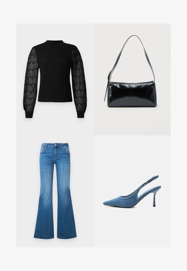 Pull noir avec une texture côtelée et un col haut, doté de manches en dentelle transparente à motif et de poignets ajustés.; Jean en denim bleu évasé avec une taille mi-haute, cinq poches et des détails décolorés sur les cuisses. Accents en métal argenté sur les boutons.; Chaussure à talon haut slingback en denim bleu à bout pointu avec détails œillets argentés et bride réglable à boucle.; Sac d'épaule rectangulaire noir avec une sangle réglable unique et une fermeture éclair supérieure sur un fond uni.