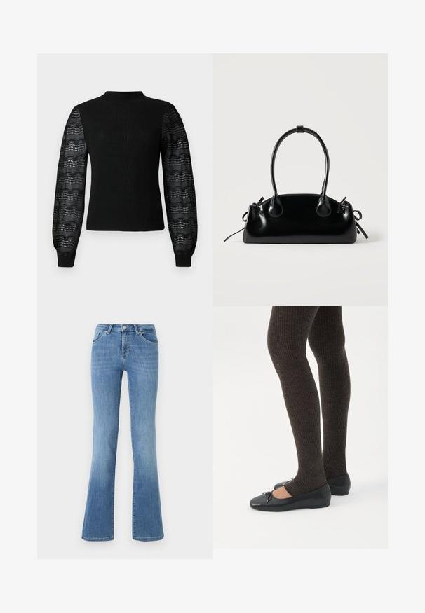 Sort sweater med ribbelt tekstur og høj halsudskæring, med gennemsigtige mønstrede laceærmer og tætsiddende manchetter.; Lysblå flagrende jeans lavet af denim, med fem lommer, frontlynlås og knaplukning. Afbleget mønster på lårene og kanten.; Ben iført mørke ribbede leggings kombineret med sorte balletsko med små sløjfedetaljer på hvid baggrund.; Lille sort blank håndtaske med to lange håndtag og snøre-detaljer i siden på en ensfarvet lys baggrund.