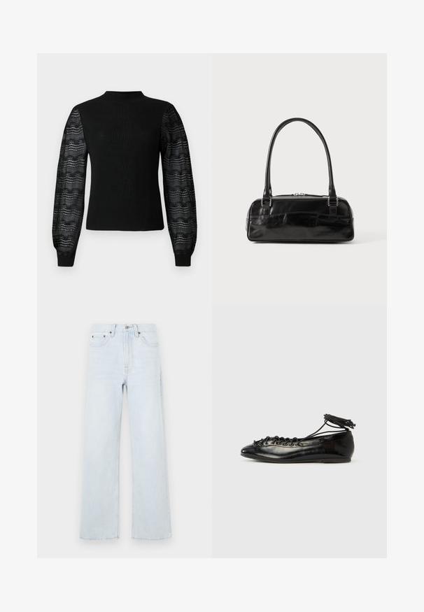 Suéter negro con textura acanalada y un cuello alto, con mangas de encaje transparente con estampado y puños ajustados.; Vaqueros de mezclilla azul claro con un diseño de pernera ancha, que cuentan con cierre de botón, cinco bolsillos y detalles de costura sutiles.; Zapatos planos tipo ballet de charol negro con punta redondeada, diseño con cordones y suela plana. Textura lisa con detalles mínimos.; Bolso de mano de cuero negro con forma rectangular, equipado con un asa estructurada, herrajes en plata y cierre de cremallera. Textura suave.