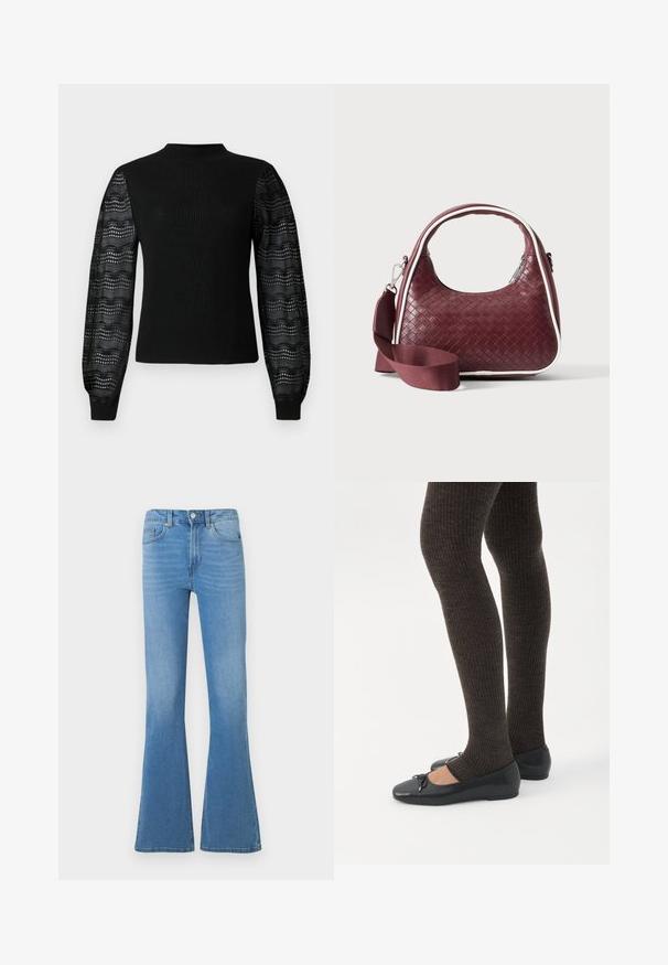 Zwarte trui met een geribbelde textuur en een hoge halslijn, voorzien van transparante, geprinte kanten mouwen en aansluitende manchetten.; Lichtblauwe denim flared jeans met een taille van gemiddelde hoogte, voorzien van voorzakken en een knoopsluiting. Soepele textuur en klassieke vijfzakkenontwerp.; Benen met donkere geribbelde leggings gecombineerd met zwarte ballerina's met kleine strikdetails op een witte achtergrond.; Donkerrode geweven leren handtas met gebogen handvat, witte bies, zilveren rits en afneembare brede stoffen schouderriem tegen een effen achtergrond.