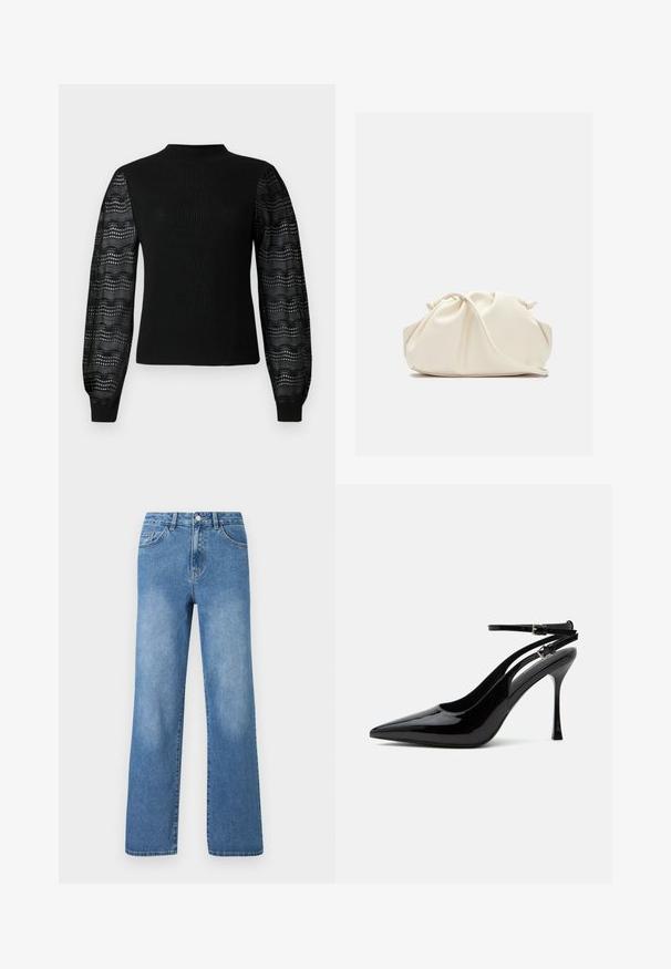 Zwarte trui met een geribbelde textuur en een hoge halslijn, voorzien van transparante, geprinte kanten mouwen en aansluitende manchetten.; Lichtblauwe denim jeans met een hoge taille, wijde pijpen, vijf zakken en zichtbare stikseldetails. Gladde textuur met lichte vervaging.; Zwarte lakleren pumps met hoge hak, spits toelopende neus en dubbele enkelbandjes met zilveren gespen.; Zachte, crèmekleurige leren clutch met geplooid, gerimpeld ontwerp en een dunne schouderriem die vooraan op een effen achtergrond ligt.