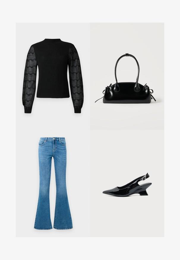 Suéter negro con textura acanalada y un cuello alto, con mangas de encaje transparente con estampado y puños ajustados.; Jeans de mezclilla azul acampanados con una cintura de media altura, que cuentan con cinco bolsillos, un cierre de botón estándar y un ligero desgastado para dar textura.; Zapato slingback de cuero charol negro con puntera puntiaguda y tacón bajo en bloque inclinado sobre fondo claro liso.; Pequeño bolso negro brillante con dos asas largas y detalles de cordón lateral sobre un fondo claro liso.