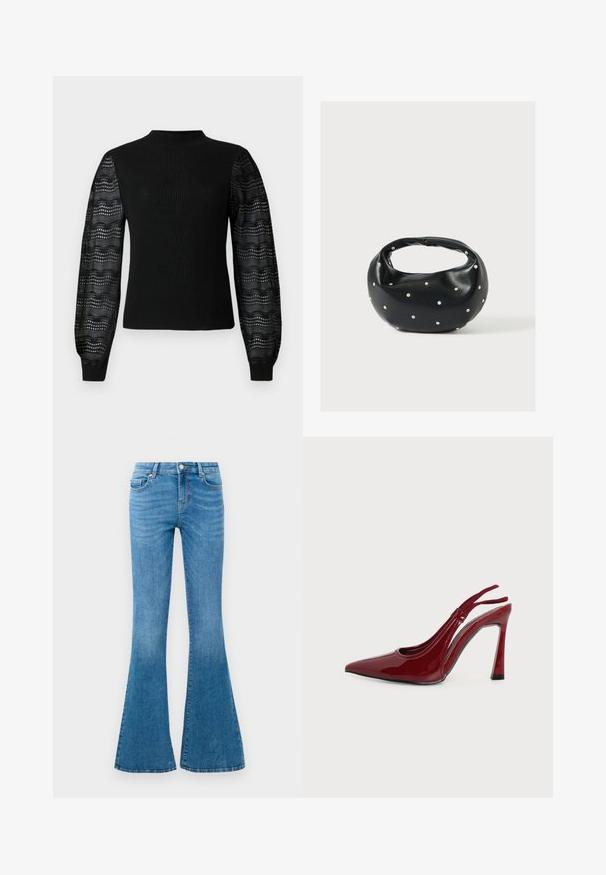 Sort sweater med ribbelt tekstur og høj halsudskæring, med gennemsigtige mønstrede laceærmer og tætsiddende manchetter.; Blå denim flared jeans med mellemhøj talje, der har fem lommer, en standard knaplukning og let falmning for struktur.; Blank mørkerød dameslingback med spids tå og tynd, buet hæl på hvid baggrund.; Sort læderhåndtaske med en rundet form, dekoreret med sølvnitter, og et kort håndtag. Glat tekstur og lynlåslukning.