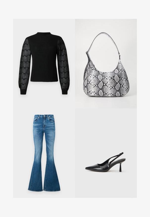 Zwarte trui met een geribbelde textuur en een hoge halslijn, voorzien van transparante, geprinte kanten mouwen en aansluitende manchetten.; Flared jeans van middelzware denim, met een hoge taille, lichtblauwe kleur, subtiele vervaging en een klassieke vijf-pocketdesign.; Zwarte leren slingback hoge hak schoenen met puntige neus en slanke hak op een witte achtergrond.; Zwart-witte slangenprint schoudertas met een afgeronde vorm, een gladde textuur en een ronde strap. Voorzien van een zilveren hardwareaccent.