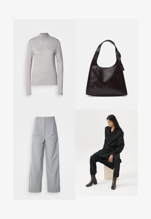 Lys grå turtleneck top med lange ærmer, lavet af et blødt strikmateriale. Har et tætsiddende design og ribbet hals. Glat tekstur.; Grå bredebukser lavet af tekstureret stof, med høj talje, læg foran og en lige pasform ned til kanten.; Kvinde med langt mørkt hår, siddende iført en løs sort blazer, matchende vidde bukser og mørke ankelstøvler mod en ensfarvet hvid baggrund.; Brun læder skuldertaske med en glat tekstur, rund form, bred rem og cirkulært metalaccent på håndtaget.