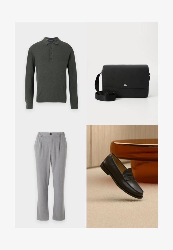 Polo à manches longues en vert foncé, en tissu texturé. Présente un col classique et une patte de boutonnage à trois boutons.; Pantalon gris en tissu texturé, avec une fermeture à bouton et une taille élastiquée. Design à jambe droite avec des plis latéraux.; Chaussure mocassin en cuir noir suspendue au-dessus d’un tapis beige avec du mobilier moderne couleur ambre en arrière-plan.; Sac en cuir noir à bandoulière avec une texture lisse, un rabat avant, un accent logo argenté et une bandoulière en tissu réglable.