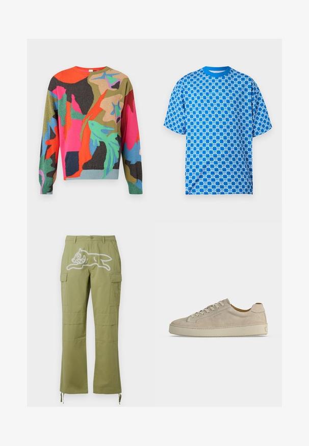 Pull à manches longues à motifs abstraits multicolores avec des formes irrégulières orange vif, rose, vert, bleu et noir sur un fond clair.; T-shirt à manches courtes à carreaux bleus et blancs avec motif répétitif de bretzels et encolure ronde côtelée bleue, présenté sur fond uni.; Icecream RUNNING DOG PANTS - Pantalon cargo - green; Baskets basses beiges en daim avec fermeture lacée et semelle épaisse en caoutchouc, vues de profil sur fond blanc uni.