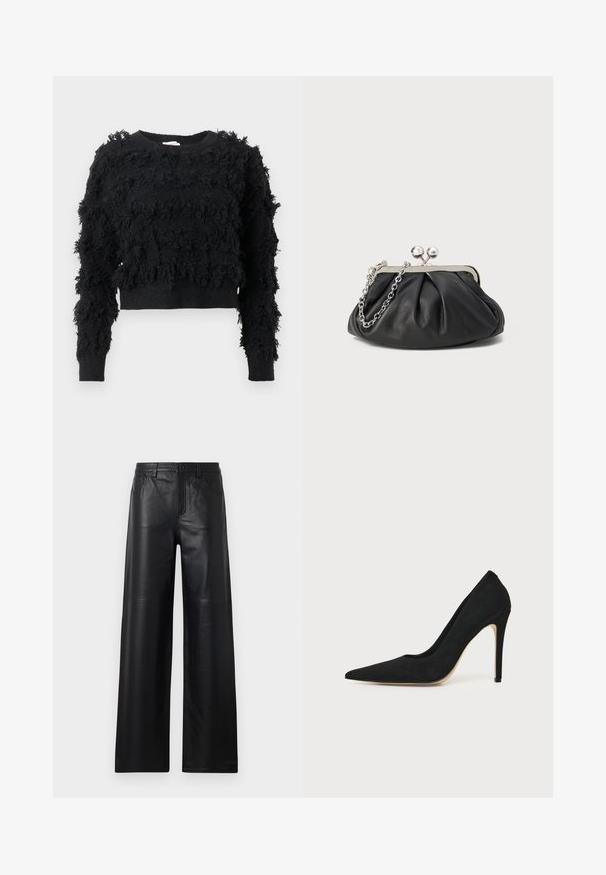 Pull noir court avec une surface texturée et duveteuse. Manches longues et col rond, arborant des motifs irréguliers sur tout le tissu.; Pantalons en cuir noir à jambes larges avec une texture lisse, dotés de poches avant, d'une fermeture par bouton et de détails de couture subtils.; Escarpin stiletto noir à talon haut avec bout pointu et texture lisse, présenté de profil sur un fond clair uni.; Porte-monnaie en cuir noir avec texture froncée, cadre en métal argenté, fermeture à verrouillage kiss-lock et bandoulière en chaîne. Surface lisse et douce.