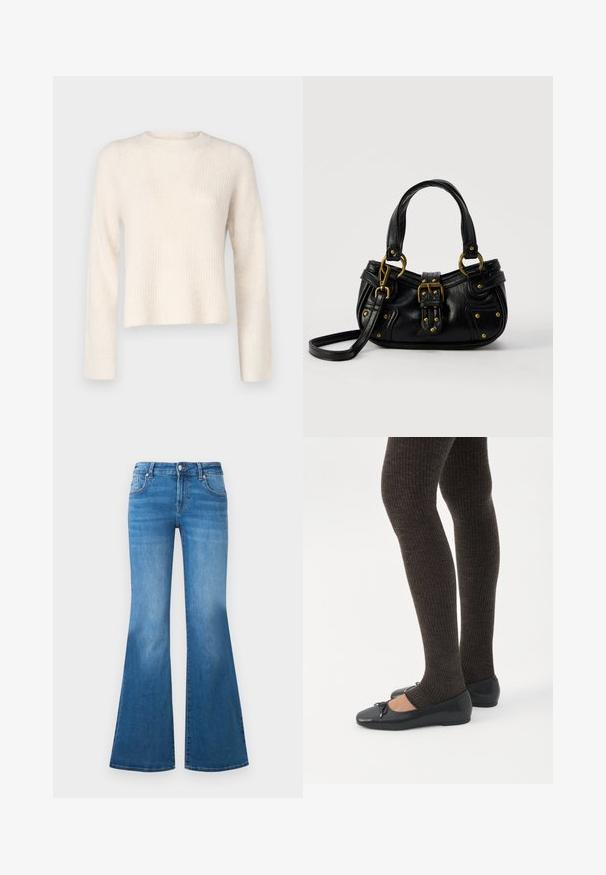 JDY Knitted JDYINGEBORG Knitted - Pullover - pumice stone; Jean en denim bleu évasé avec une taille mi-haute, cinq poches et des détails décolorés sur les cuisses. Accents en métal argenté sur les boutons.; Jambes portant des leggings côtelés foncés associés à des ballerines noires avec de petits détails en nœud sur fond blanc.; Sac à main en cuir noir avec boucle dorée et détails à rivets, poignées courtes et bandoulière réglable sur fond blanc uni.