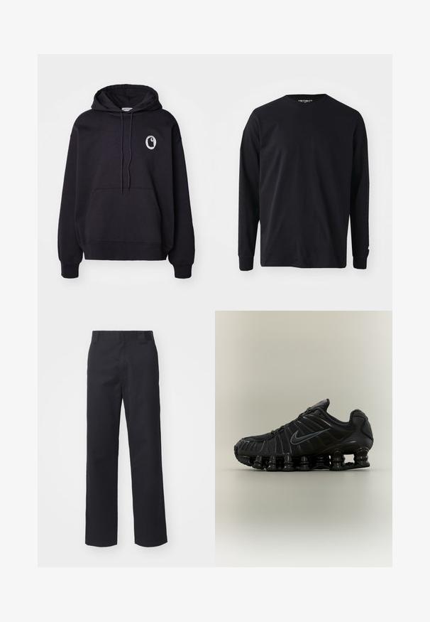 Sort hættetrøje lavet af blødt materiale, med en frontlomme i kangoorustil, snoretræk til hætten og et cirkulært logo på venstre bryst.; Sort langærmet t-shirt lavet af bomuld, med rund halsudskæring og lige pasform, samt et lille logodetalje på ærmet.; Sorte lige benbukser lavet af bomuldsblandet stof. Har en flad frontbetræk med bæltesløjfer og ingen synlig hardware eller udsmykninger.; Sort Nike løbesko med fjedrende opdelt sål, mesh-øverdel og matchende sort swoosh-logo på siden.