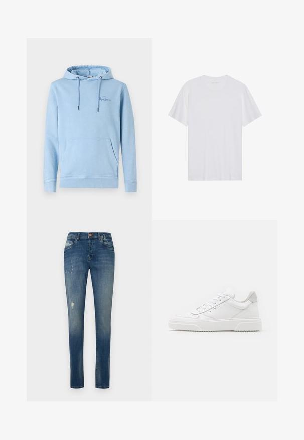 Lyseblå hoodie med en frontlomme, justerbare snore og diskret logodetalje. Fremstillet af blødt stof med en afslappet pasform.; Hvid bomulds T-shirt med korte ærmer, rund hals og en glat tekstur. Har minimal branding på halsudskæringen.; Slim-fit blå jeans lavet af denim, med en falmet vask, subtil slid på låret og klassisk fem-lomme design.; Hvide lædersneakers med en glat finish, rund tå, flade snørebånd og en struktureret sål. Grå ruskindsdetalje ved hælen.