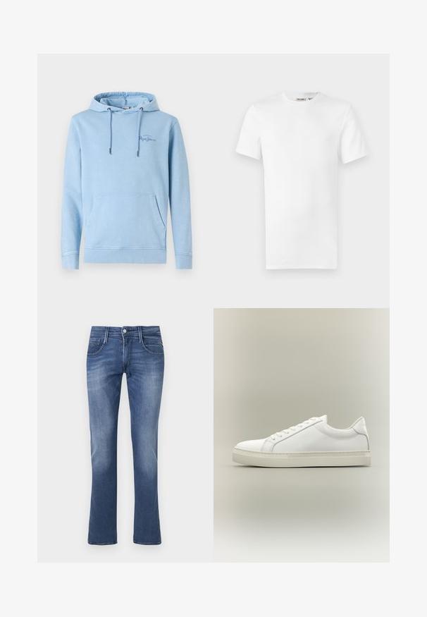 Helle blaue Kapuzenjacke mit einer Vordertasche, verstellbaren Kordeln und dezenten Logodetails. Hergestellt aus weicher Stoff mit einer lässigen Passform.; Ein schlichtes weißes T-Shirt mit kurzen Ärmeln und Rundhalsausschnitt, mit einem kleinen Markenetikett im Krageninneren, auf weißem Hintergrund dargestellt.; Blaue Jeans im Slim-Fit-Stil mit Frontknopf, Reißverschluss sowie Vorder- und Hintertaschen auf weißem Hintergrund.; Weißer Sneaker mit niedrigem Schaft, vorn mit Schnürung und dicker Sohle, aus der Seitenansicht vor neutralem Hintergrund.