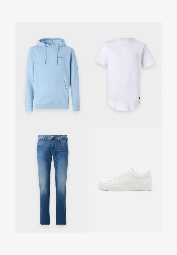 Haut à capuche bleu clair avec une poche frontale, des cordons de serrage ajustables et un détail de logo subtil. Fabriqué à partir d'un tissu doux avec une coupe décontractée.; T-shirt blanc à manches courtes en coton. Design à col rond avec un ourlet arrondi. Étiquette visible sur le côté inférieur gauche. Texture lisse.; Jean en denim bleu pour homme avec un délavage, coupe droite, cinq poches et fermeture à bouton devant. Accents cousus sur les poches.; Baskets basses blanches en cuir lisse, avec un bout arrondi, des semelles plates et un logo discret sur le côté.