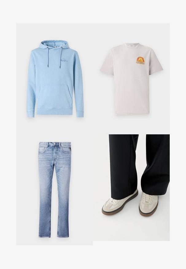 Haut à capuche bleu clair avec une poche frontale, des cordons de serrage ajustables et un détail de logo subtil. Fabriqué à partir d'un tissu doux avec une coupe décontractée.; T-shirt en coton gris clair avec col rond, arborant un graphisme coloré "Lone Château Replay" en orange et bleu sur la poitrine.; Jeans en denim bleu clair avec une coupe droite, cinq poches et des détails de couture visibles. Texture lisse et coupe classique.; Pieds portant des baskets beige avec des semelles marron et un pantalon noir à jambes larges sur fond blanc.