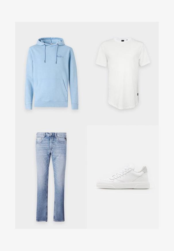 Lyseblå hoodie med en frontlomme, justerbare snore og diskret logodetalje. Fremstillet af blødt stof med en afslappet pasform.; Hvid kortærmet t-shirt lavet af bomuld, med rund halsudskæring og en let forlænget ryg, samt en lille logoaccent på siden.; Lyseblå denimjeans med lige ben, fem lommer og synlige syninger. Glat tekstur og klassisk pasform.; Hvide lædersneakers med en glat finish, rund tå, flade snørebånd og en struktureret sål. Grå ruskindsdetalje ved hælen.