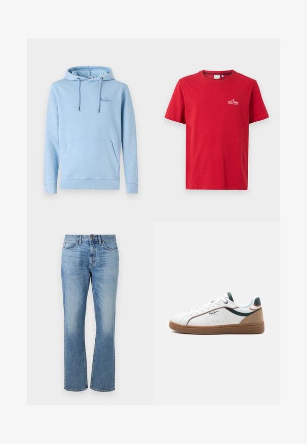 Lyseblå hoodie med en frontlomme, justerbare snore og diskret logodetalje. Fremstillet af blødt stof med en afslappet pasform.; Pepe Jeans THIAGO TEE - T-shirts print - rugby red; Lyseblå denim jeans med et lige ben-design, der har forsænket knaplukning, fem lommer og slidte områder for tekstur.; Hvid lavtop sneaker med brun sål, grønne og beige accenter, hvide snørebånd og "Pepe Jeans London"-logo på siden.