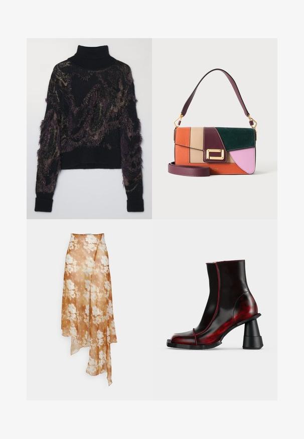 Čierny rolák so štruktúrovaným vzorom v tmavofialovej a zlatej farbe, s strapcami a rebrovanými manžetami a lemom.; Ioannes SHAWL SKIRT - sukňa v tvare A - sprayed lace ochre; Čierna a tmavočervená lesklá členková topánka s geometrickým masívnym podpätkom a štvorcovou špičkou, zobrazená na jednoduchom svetlom pozadí.; Kožená kabelka s farebnými blokmi v oranžovej, béžovej, bordovej, zelenej a ružovej farbe so zlatým zapínaním a dvojitými bordovými popruhmi, jedným krátkym a jedným dlhým.