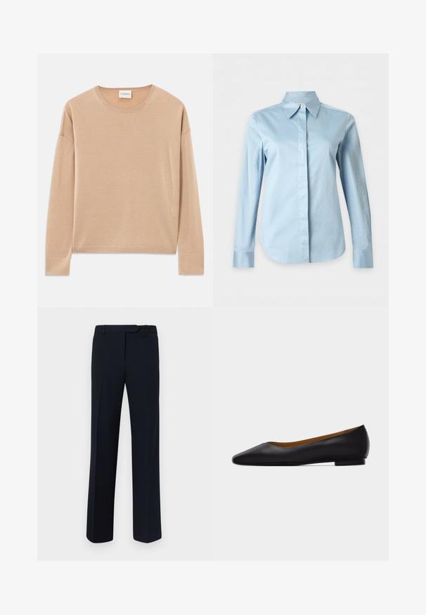 Jersey de manga larga color beige con cuello redondo, ajuste relajado y detalles de canalé en los puños y el dobladillo. Textura suave y lisa con un diseño minimalista.; Camisa azul claro de manga larga con cuello puntiagudo y botones delanteros ocultos sobre un fondo liso.; Pantalones de corte navy confeccionados en tejido suave, con un diseño de pierna recta, pases para cinturón y detalles de pliegue delantero.; Zapato plano de punta puntiaguda de cuero negro con tacón bajo y acabado liso, mostrado de perfil sobre un fondo gris claro.