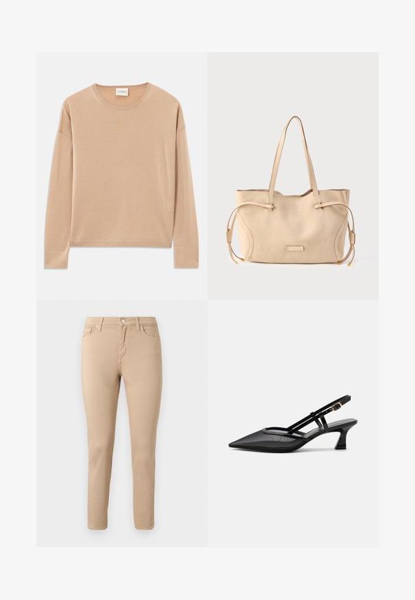 Beige Langarmpullover mit rundem Halsausschnitt, lockerer Passform und Rippdetails an den Bündchen und dem Saum. Weiche, glatte Textur mit minimalistischem Design.; Beige Slim-Fit-Hose mit vorderem Knopf, Reißverschluss, Gürtelschlaufen und fünf Taschen, dargestellt vor einem einfarbigen hellen Hintergrund.; Schwarzer spitzer Slingback-Schuh mit Mesh-Obermaterial, dünnen Riemen, goldener Schnalle und niedrigem, geschwungenem Absatz auf weißem Hintergrund.; Beige Wildleder-Shopper mit verstellbaren seitlichen Bändern, flachen Schulterriemen und rechteckigem Boden. Mit einem kleinen Logo aus Metall.