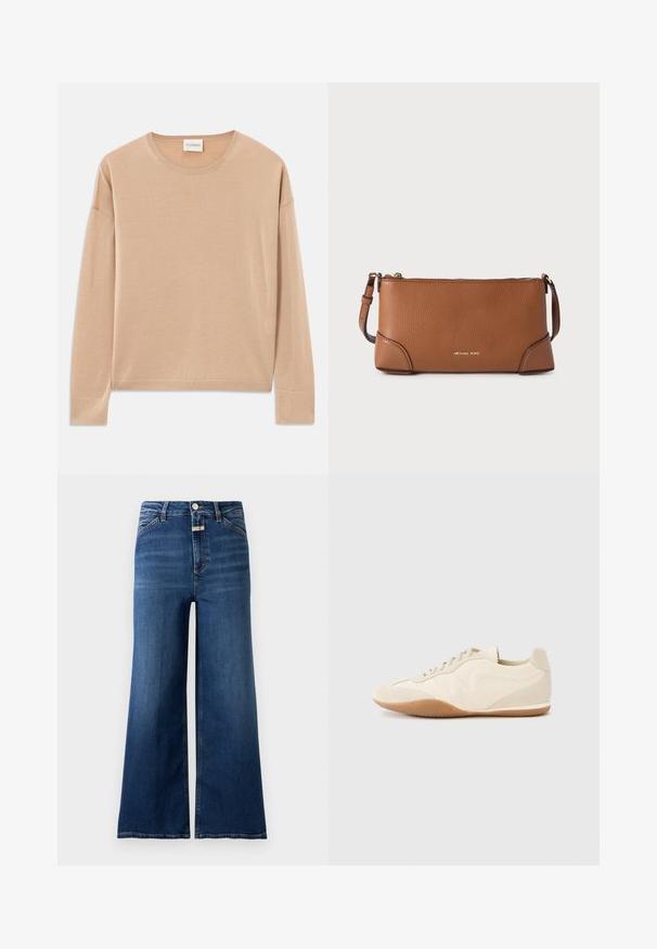 Beige trui met lange mouwen en een ronde hals, relaxte pasvorm en geribbelde details bij de manchetten en onderrand. Zachte, gladde textuur met een minimalistisch ontwerp.; Blauwe denim jeans met hoge taille en wijde pijpen, voorzakken, riemlussen, knoopsluiting en zichtbare gulp tegen een effen achtergrond.; Lichtbeige sneakers met een textuur van leer op het bovenwerk, getextureerde zijpanelen en een rubberen zool. Voorzien van een slank, gestroomlijnd ontwerp en platte veters.; Bruine leren clutchtas met een korrelige textuur, een gouden ritssluiting en een afneembare riem. Voorzien van een subtiel logo-opdruk aan de voorkant.