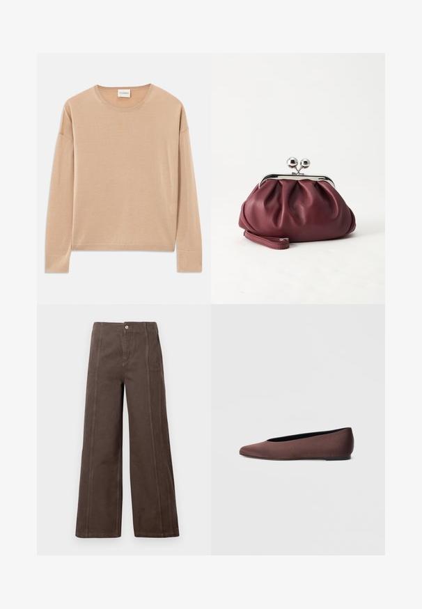 Beige Langarmpullover mit rundem Halsausschnitt, lockerer Passform und Rippdetails an den Bündchen und dem Saum. Weiche, glatte Textur mit minimalistischem Design.; Braune weit geschnittene Hose aus glattem Stoff, mit Vorderteilnähten und einem einzelnen Metallknopfverschluss am Bund.; Braune Ballettschuhe aus Stoff mit spitz zulaufender Spitze und glatter Textur, ausgestattet mit einem niedrigen Rückenteil und einer dünnen schwarzen Sohle. Keine sichtbaren Muster oder Verzierungen.; Kleine burgunderrote Lederclutch mit silbernem Metallverschluss und Handgelenksriemen auf weißem Hintergrund.