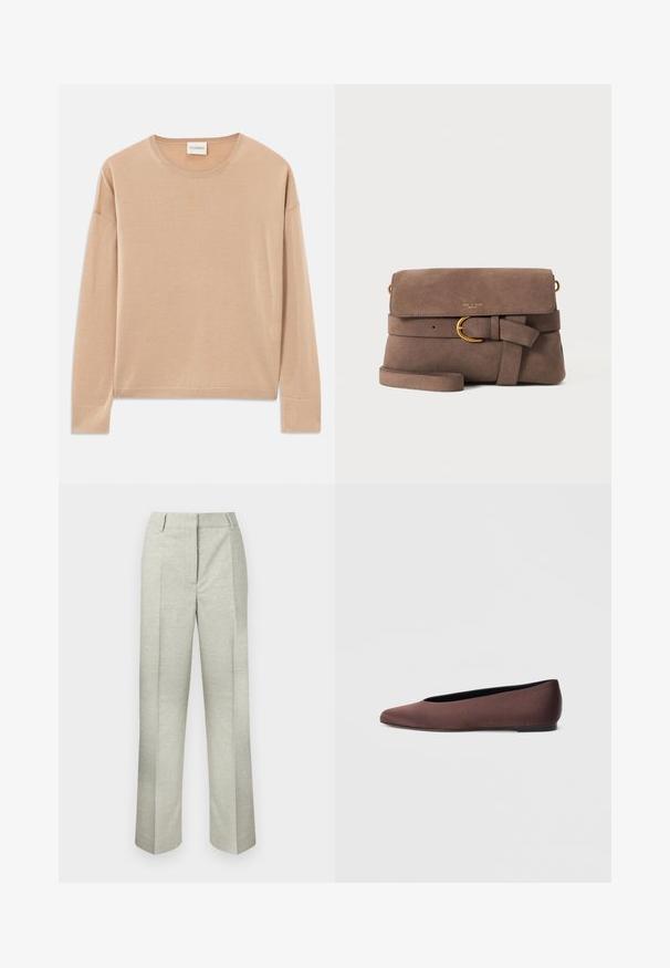 Beige Langarmpullover mit rundem Halsausschnitt, lockerer Passform und Rippdetails an den Bündchen und dem Saum. Weiche, glatte Textur mit minimalistischem Design.; Helle graue gefältelte Hosen aus strukturiertem Stoff, mit einem geraden Bein und einem flachen Bund ohne sichtbare Verschlüsse.; Braune Ballettschuhe aus Stoff mit spitz zulaufender Spitze und glatter Textur, ausgestattet mit einem niedrigen Rückenteil und einer dünnen schwarzen Sohle. Keine sichtbaren Muster oder Verzierungen.; Braune Wildleder-Umhängetasche mit Vorderklappe, dekorativem Riemen mit goldener Schnalle und dünnem Schulterriemen auf weißem Hintergrund.