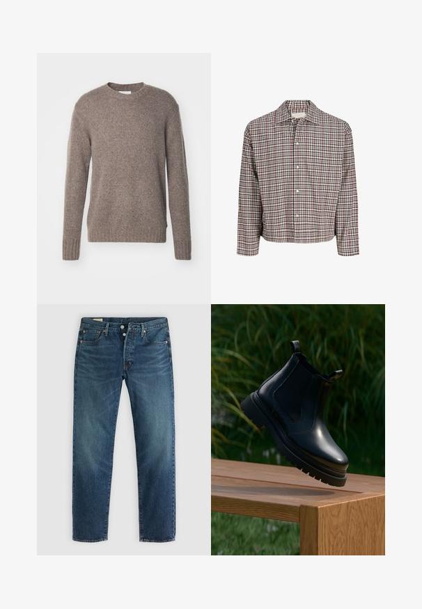 Suéter marrón de punto con cuello redondo, mangas largas y puños y dobladillo acanalados, que presenta un acabado suave y texturizado.; Camisa de cuadros de botones con cuello doblado, que presenta un patrón en rojo, verde y blanco sobre una tela ligera. Incluye un bolsillo en el pecho.; Jeans de mezclilla azul con un corte de pierna recta, que presentan cinco bolsillos, una clásica bragueta de botones y un ligero desgaste para dar textura.; Botín Chelsea negro de cuero con puntera redondeada, suela de goma gruesa y paneles elásticos laterales, exhibido sobre una superficie de madera con verdor al fondo.