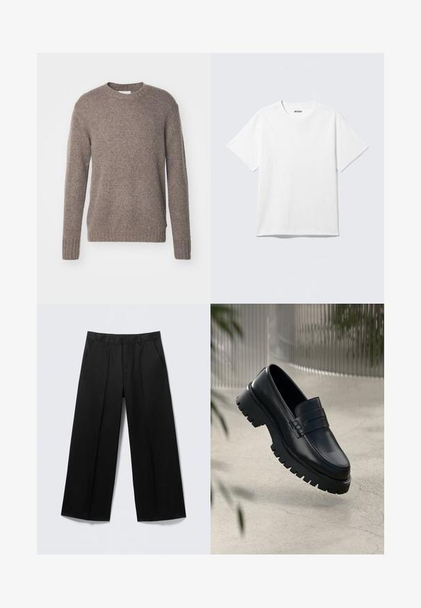 Brun, strikket sweater med rund hals, lange ærmer og ribbede manchetter og kant, som har en blød, tekstureret overflade.; Hvid kortærmet crewneck T-shirt lagt fladt ud, ensfarvet design, med "WEEKDAY" mærkat inde i kraven på en lys baggrund.; Sorte vidde-bukser med bæltestropper, forlommer og lynlås foran, vist på en lysegrå baggrund.; Sorte læder loafers med en chunky sål, der har en dekorativ rem og syninger. Glat tekstur med en poleret overflade.