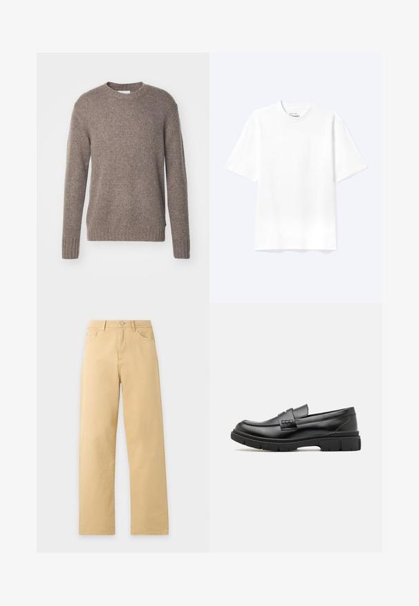 Brun, strikket sweater med rund hals, lange ærmer og ribbede manchetter og kant, som har en blød, tekstureret overflade.; Enkel hvid T-shirt med korte ærmer og rund hals med afslappet pasform, vist på en lys baggrund.; Beige bukser med lige ben, for- og baglommer, bæltestropper og en lukning med metal knap.; Sort læder loafersko med en bred rem over forfoden, gummisål med tykke mønstre og glat overflade. Klassisk, slankt design.