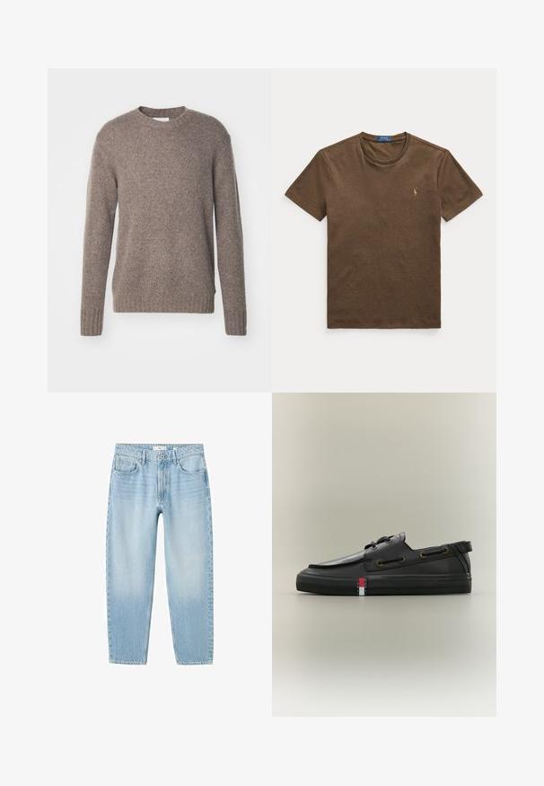 Suéter marrón de punto con cuello redondo, mangas largas y puños y dobladillo acanalados, que presenta un acabado suave y texturizado.; Camiseta marrón de manga corta con cuello redondo y pequeño logo bordado de Polo Ralph Lauren en el pecho izquierdo.; Vaqueros de mezclilla azul claro con cinco bolsillos, cierre de botón y corte de pierna recta, mostrados sobre un fondo blanco.; Zapato náutico de cuero negro con detalles de cordones, suela de goma plana y pequeño logo de Tommy Jeans en rojo, blanco y azul en el lateral.