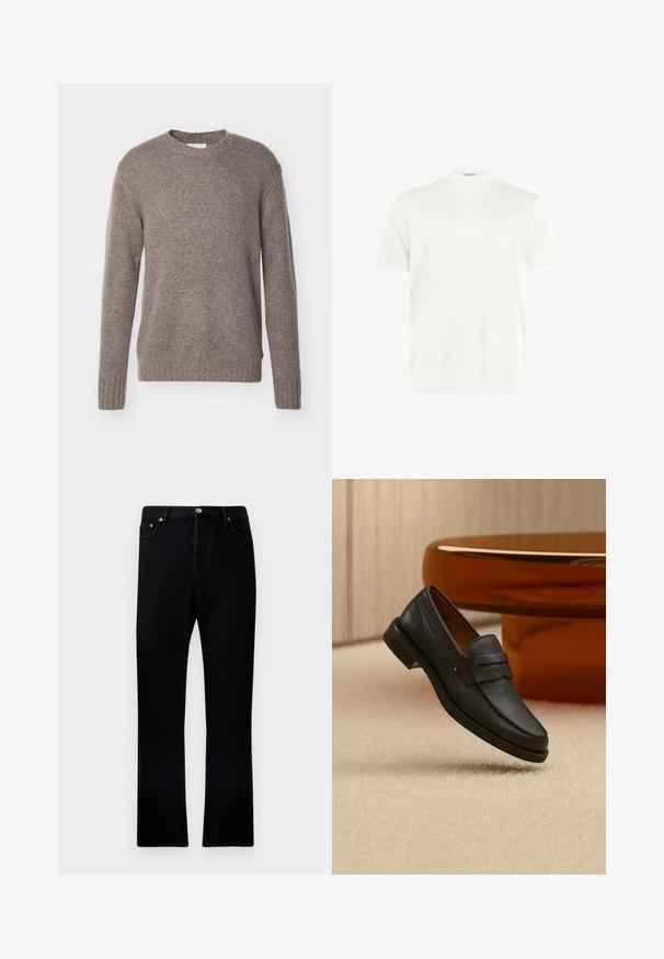 Suéter marrón de punto con cuello redondo, mangas largas y puños y dobladillo acanalados, que presenta un acabado suave y texturizado.; Camiseta blanca de cuello redondo hecha de tela suave. Mangas cortas, sin estampados. Diseño simple con dobladillo recto y detalles mínimos.; Vaqueros de mezclilla negra con corte recto, diseño de cinco bolsillos y detalles de hardware metálico en la parte frontal. Tela texturizada con un acabado suave.; Mocasín de hombre de cuero negro con una banda en la parte superior, exhibido sobre una alfombra beige cerca de una mesa circular moderna marrón.
