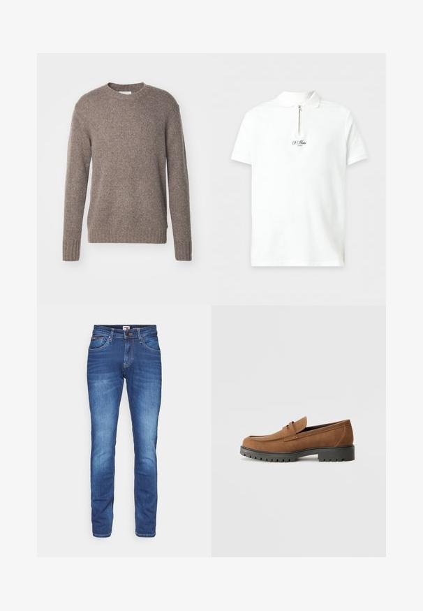 Suéter marrón de punto con cuello redondo, mangas largas y puños y dobladillo acanalados, que presenta un acabado suave y texturizado.; Polo blanco de manga corta con cuello con cremallera y pequeño logo de texto negro "St Martin London" en el centro del pecho.; Jeans de mezclilla azul de corte ajustado para hombres, con bolsillos frontales, cierre de botón y un leve desgaste en los muslos y las rodillas.; Mocasines de ante marrón con punta redondeada y una suela de goma negra baja, que presentan una correa decorativa y detalles de costura en la parte superior.
