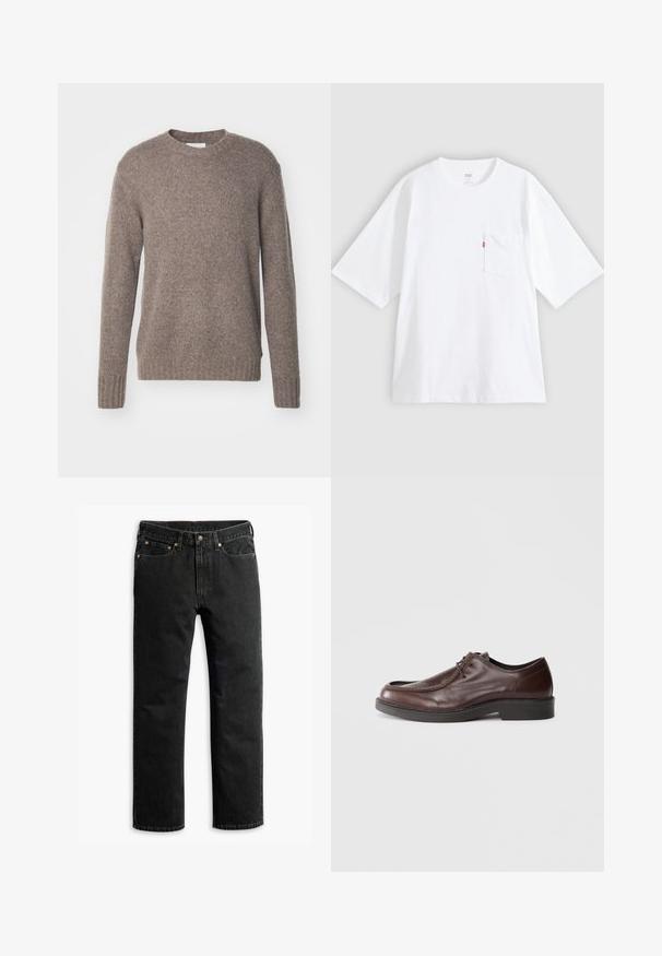 Brun, strikket sweater med rund hals, lange ærmer og ribbede manchetter og kant, som har en blød, tekstureret overflade.; Hvid bomulds-T-shirt med korte ærmer, rund hals og lomme på venstre bryst. Har en lille rød logoetiket på lommen.; Sorte lige ben denim jeans med fem lommer, bæltestropper og en knaplukning i taljen, lagt fladt på en hvid baggrund.; Brune lædersko med rund tå, minimal syning og en solid sort sål. Har snørelukning og en glat overflade.