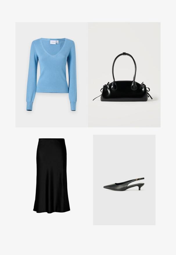 Hellblauer gerippter Strickpullover mit V-Ausschnitt, langen Ärmeln und figurbetonter Silhouette. Verfügt über eine dezente Textur und Ärmelbündchen. Markenlabel sichtbar.; Schwarzer Satin-Midi-Rock mit glatter Textur, ausgestellt am Saum und mit einem taillierten Bund, der ein einfaches, klassisches Design aufweist.; Schwarzer Slingback-Schuh mit spitzem Zehenbereich aus glattem Leder. Mit einem dünnen Absatz und einer dekorativen Schnalle am verstellbaren Riemen.; Kleine schwarze glänzende Handtasche mit zwei langen Griffen und seitlichen Kordelzug-Details vor einfachem hellem Hintergrund.