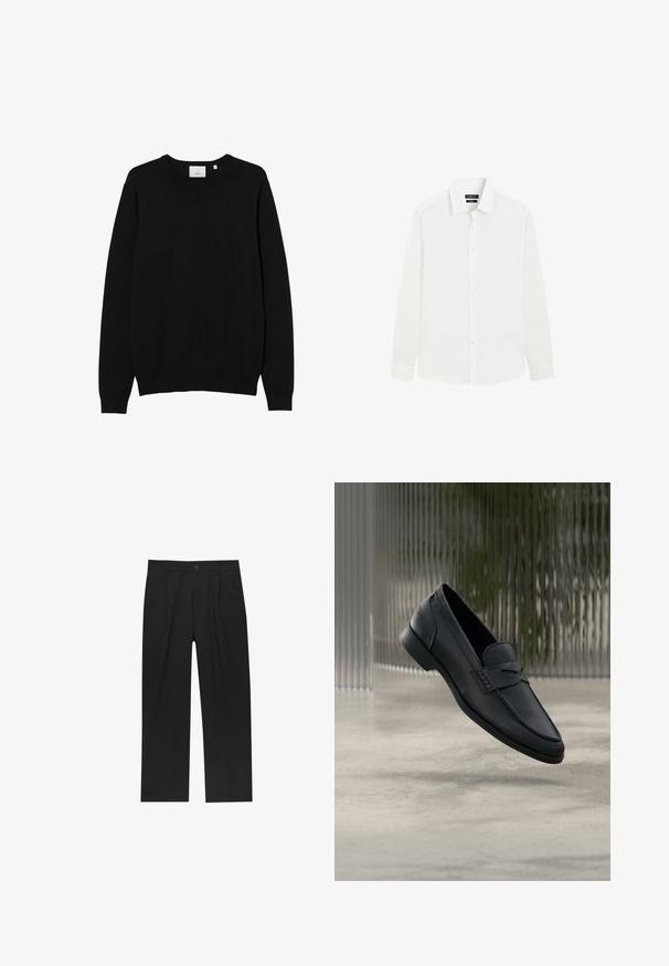 Sort crew-neck sweater lavet af et glat strikket stof. Har lange ærmer samt ribbede manchetter og kant. Simpelt, ensfarvet design uden mønstre.; Herre skjorte med lange ærmer i hvid med knaplukning foran og klassisk krave, vist på en ensfarvet hvid baggrund.; Sorte bukser med lige ben, lavet af et glat stof. Har frontfolder og en enkelt knaplukning i taljen.; Sort læderloafer med glat finish, spids tå og sømdetaljer over vristen. Lav hæl og minimalistisk design.