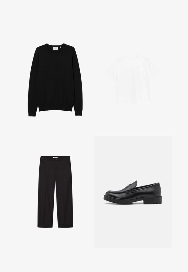 Sort crew-neck sweater lavet af et glat strikket stof. Har lange ærmer samt ribbede manchetter og kant. Simpelt, ensfarvet design uden mønstre.; Kortærmet crewneck t-shirt i ensfarvet hvid bomuld. Standard pasform med et simpelt design og ingen synlige mønstre eller accenter.; Sorte bredde-ben bukser lavet af glat stof. Har en knap- og lynlåslukning, to forreste lommer og en skarp kant.; Sorte læder loafers med rund tå, slip-on design og tyk gummisål med tekstureret greb. Forhøjet hæl og subtile syninger.