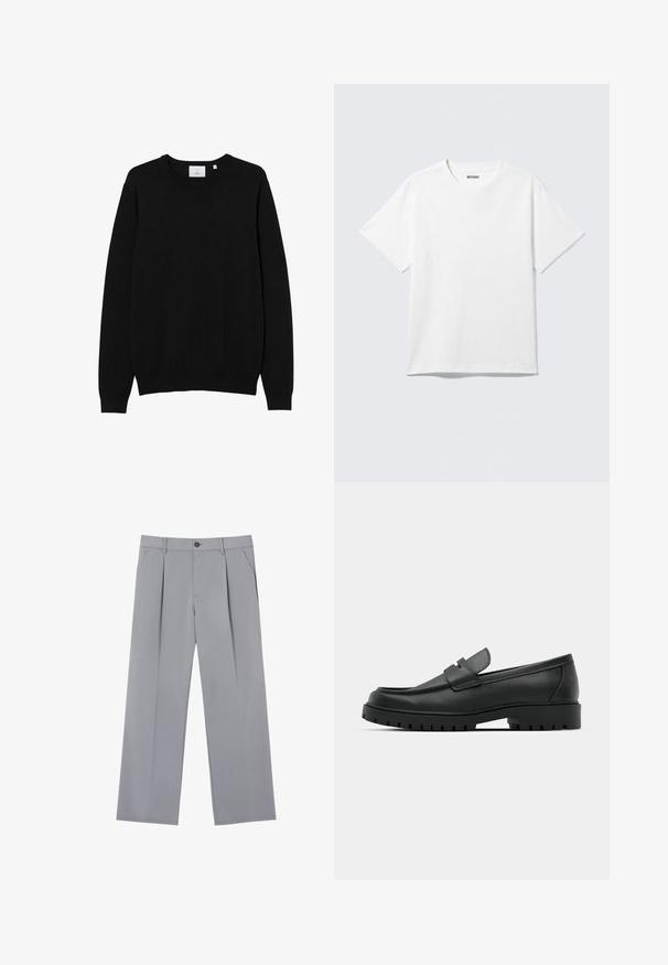 Sort crew-neck sweater lavet af et glat strikket stof. Har lange ærmer samt ribbede manchetter og kant. Simpelt, ensfarvet design uden mønstre.; Hvid kortærmet crewneck T-shirt lagt fladt ud, ensfarvet design, med "WEEKDAY" mærkat inde i kraven på en lys baggrund.; Grå plisserede bukser med en afslappet pasform, lavet af et letvægtsstof. Har forlommer og en knaplukning i taljen.; Sorte læder loafers med rund tå, der har et syet design, lav platformssål og en struktureret, skridsikker gummisål.