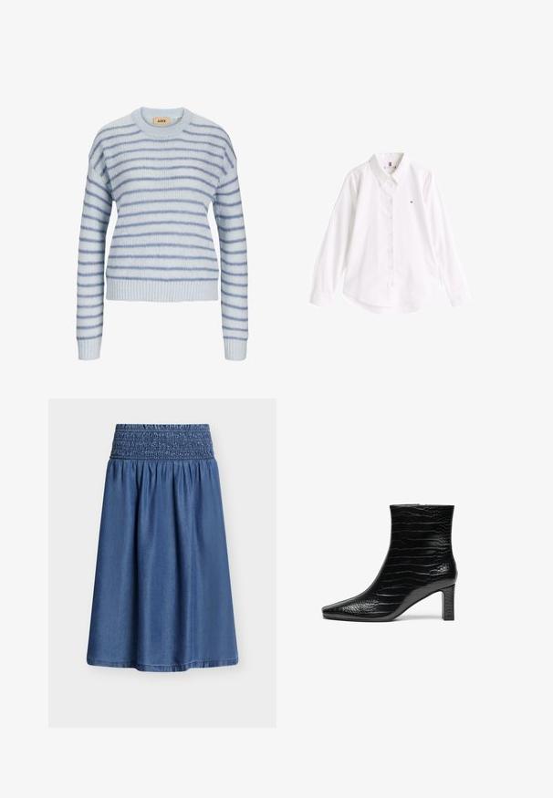 Lys blå strikket sweater med vandrette striber i en mørkere blå. Har en rund halsudskæring og ribstrikkede manchetter og kant. Blød tekstur.; Hvid skjorte med knaplukning lavet af bomuld, med klassisk krave, lange ærmer og buet kant. Har et lille farvet logo på brystet.; Blå denim midi nederdel med bred, elastisk taljebånd og bløde plisseringer under taljen, vist på en hvid baggrund.; Sort ankelstøvle med spids tå, glat kroko-struktur på ydersiden og en mellemhøj firkantet hæl. Glat, strømlinet design.