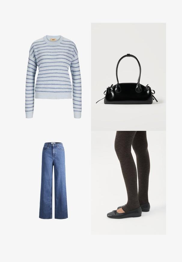 Lys blå strikket sweater med vandrette striber i en mørkere blå. Har en rund halsudskæring og ribstrikkede manchetter og kant. Blød tekstur.; Lyseblå denim brede bukser med høj talje, to frontlommer og synlige stikninger. Har en knap- og lynlåslukning.; Ben iført mørke ribbede leggings kombineret med sorte balletsko med små sløjfedetaljer på hvid baggrund.; Lille sort blank håndtaske med to lange håndtag og snøre-detaljer i siden på en ensfarvet lys baggrund.