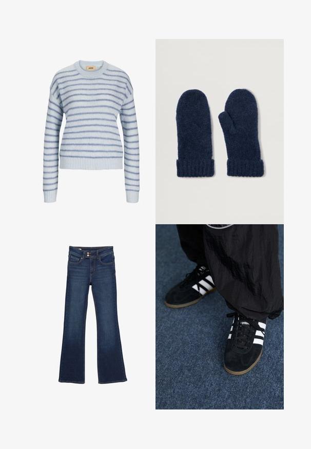 Lys blå strikket sweater med vandrette striber i en mørkere blå. Har en rund halsudskæring og ribstrikkede manchetter og kant. Blød tekstur.; Mørkeblå denimjeans med vidde i benene, dobbel-knap lukning og forlommer, vist mod en hvid baggrund.; Sorte suedetrainingssko med tre hvide striber og sorte snørebånd. Et tekstureret sort bukser er delvist synligt ved siden af skoene.; Mørkeblå strikkede vanter med en blød, fuzzy tekstur og ribbede manchetter, designet til varme og komfort i koldt vejr.