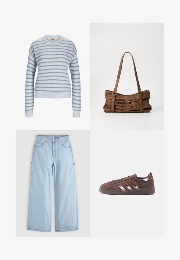 Lys blå strikket sweater med vandrette striber i en mørkere blå. Har en rund halsudskæring og ribstrikkede manchetter og kant. Blød tekstur.; Lyseblå brede jeans med frontlommer, bæltestropper og sidelommer til værktøj, lagt fladt på en grå baggrund.; Brun ruskind Adidas-sneaker med hvide og mørkere brune striber, lavprofilsål og guldfarvet "Spezial"-tekst på siden.; Even&Odd by Zalando Håndtasker - brown