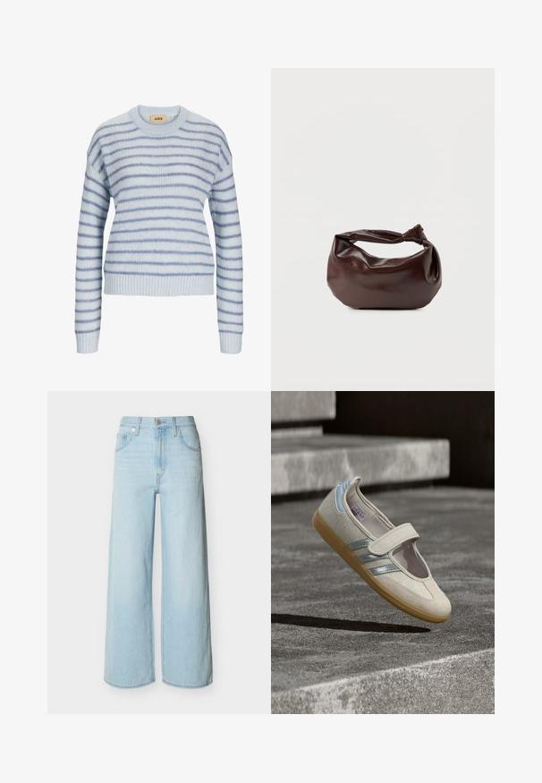 Lys blå strikket sweater med vandrette striber i en mørkere blå. Har en rund halsudskæring og ribstrikkede manchetter og kant. Blød tekstur.; Lyseblå vidbenede jeans med forreste knap- og lynlås-lukning, bæltestropper og klassisk design med fem lommer.; Beige stofsko med elastisk rem, tekstureret overdel, sølv- og blå detaljer samt en sål i gummi med naturlig farve, vist mod en grå baggrund.; Mørkebrun læder skuldertaske med en blød, afslappet form og et snoet knudehåndtag på en ensartet hvid baggrund.