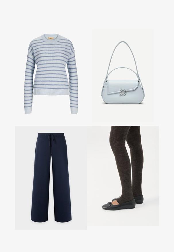 Lys blå strikket sweater med vandrette striber i en mørkere blå. Har en rund halsudskæring og ribstrikkede manchetter og kant. Blød tekstur.; Marineblå bukser med brede ben, elastisk linning og snøre, vist fra forsiden på ensfarvet lyst baggrund.; Ben iført mørke ribbede leggings kombineret med sorte balletsko med små sløjfedetaljer på hvid baggrund.; Lyseblå lædertaske med rundet flap, sølvfarvet cirkulært lås og to skulderstropper mod en ensfarvet baggrund.