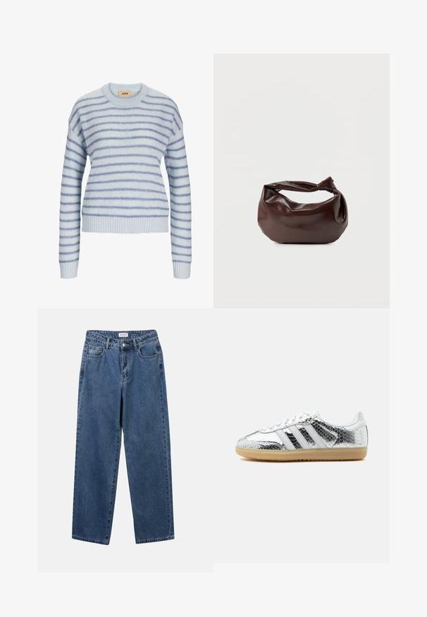 Lichtblauwe gebreide trui met horizontale strepen in donkerder blauw. Met een ronde halslijn en geribde manchetten en zoom. Zachte textuur.; Klassieke blauwe denim jeans met een rechte pijp, vijf zakken en een knoopsluiting. Heeft een middelgrote wasbeurt en stevige textuur.; Low-top sneaker met zilveren metallic slangenhuidtextuur, witte strepen, witte veters en lichte gumzool op een witte achtergrond.; Donkerbruine leren schoudertas met een zachte, slungelige vorm en een gedraaide knoopvormige handgreep op een effen witte achtergrond.