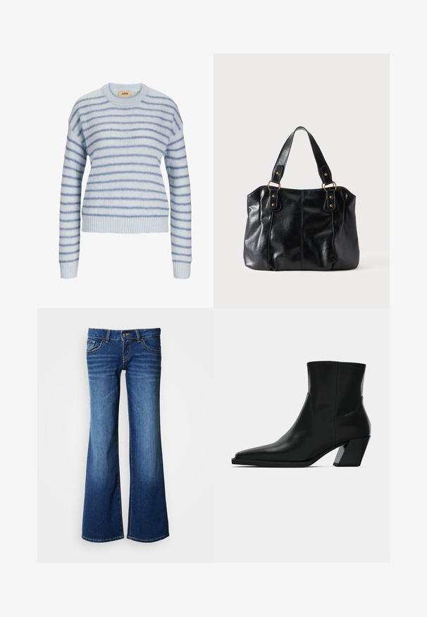 Lys blå strikket sweater med vandrette striber i en mørkere blå. Har en rund halsudskæring og ribstrikkede manchetter og kant. Blød tekstur.; Bukser af blå jeans i mørkeblå med udvidede ben. Har klassisk design med fem lommer, knaplukning og kontrastsyning. Glat tekstur.; Sortlæder ankelstøvle med spids tå, en slank silhuet og en kraftig firkantet hæl. Glat tekstur med minimale stikninger.; Sort læder skuldertaske med dobbelte stropper fastgjort med gyldne ringe og nitter, glat og let skinnende overflade, enkelt design.
